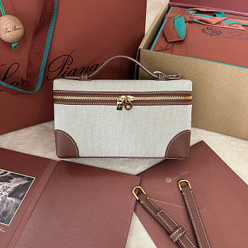 Kitlife Loro Piana Extra Pocket L19 Bag Natural Linen and Brown Leather 11x19x6.5cm