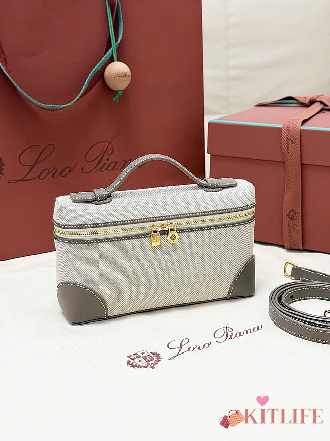 Kitlife Loro Piana Extra Pocket L19 Bag Natural Linen and Gray Leather 11x19x6.5cm  - 1