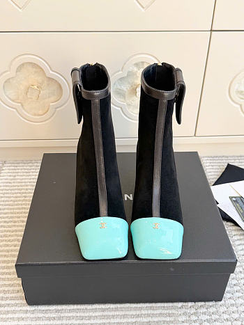 Kitlife Chanel Pocket Square-Toe Block-Heel Color-Block Ankle Boots Black & Green