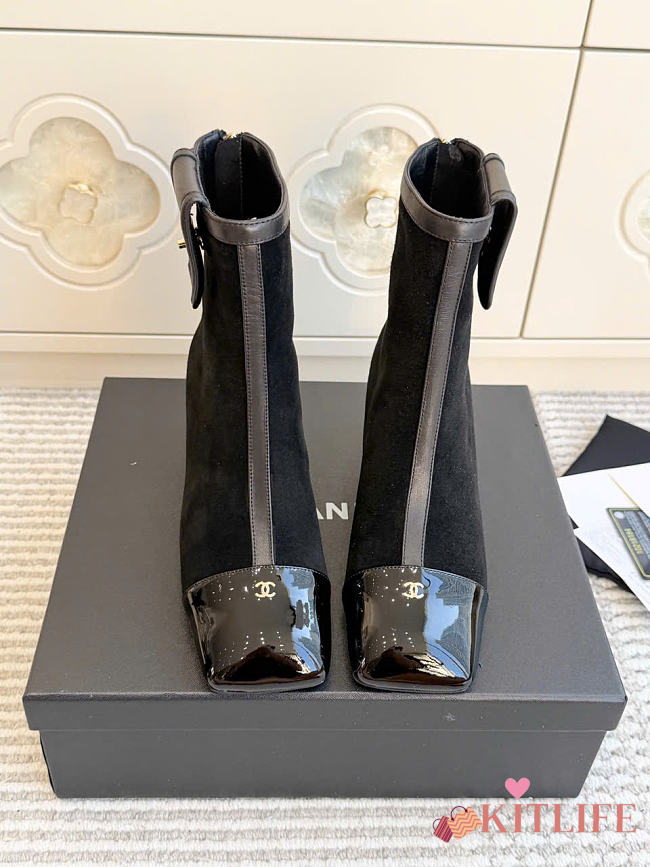 Kitlife Chanel Pocket Square-Toe Block-Heel Color-Block Ankle Boots Black & Dark Brown - 1