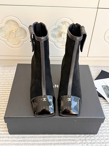Kitlife Chanel Pocket Square-Toe Block-Heel Color-Block Ankle Boots Black & Dark Brown