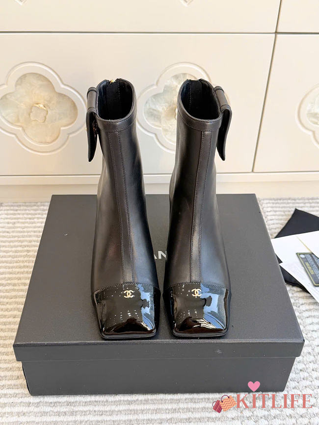 Kitlife Chanel Pocket Square-Toe Block-Heel Color-Block Ankle Boots Dark Brown - 1