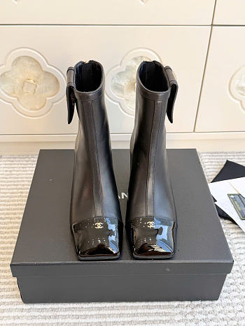 Kitlife Chanel Pocket Square-Toe Block-Heel Color-Block Ankle Boots Dark Brown