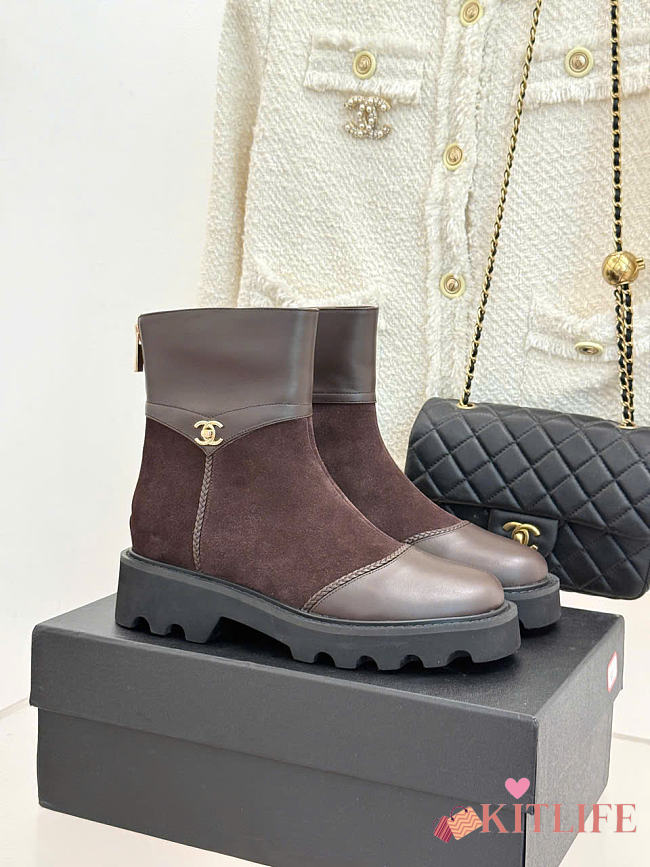 Kitlife Chanel Classic Double-C Rear-Zip Ankle Boots Dark Brown Suede - 1