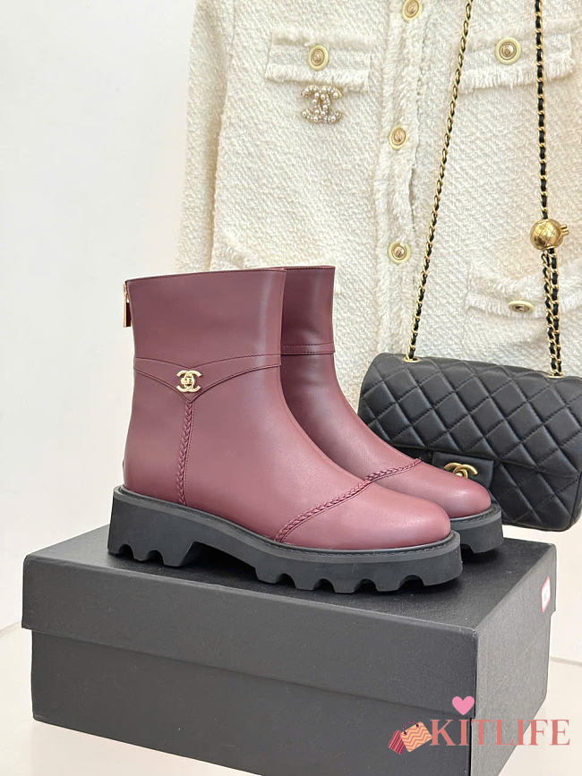 Kitlife Chanel Classic Double-C Rear-Zip Ankle Boots Burgundy Leather - 1