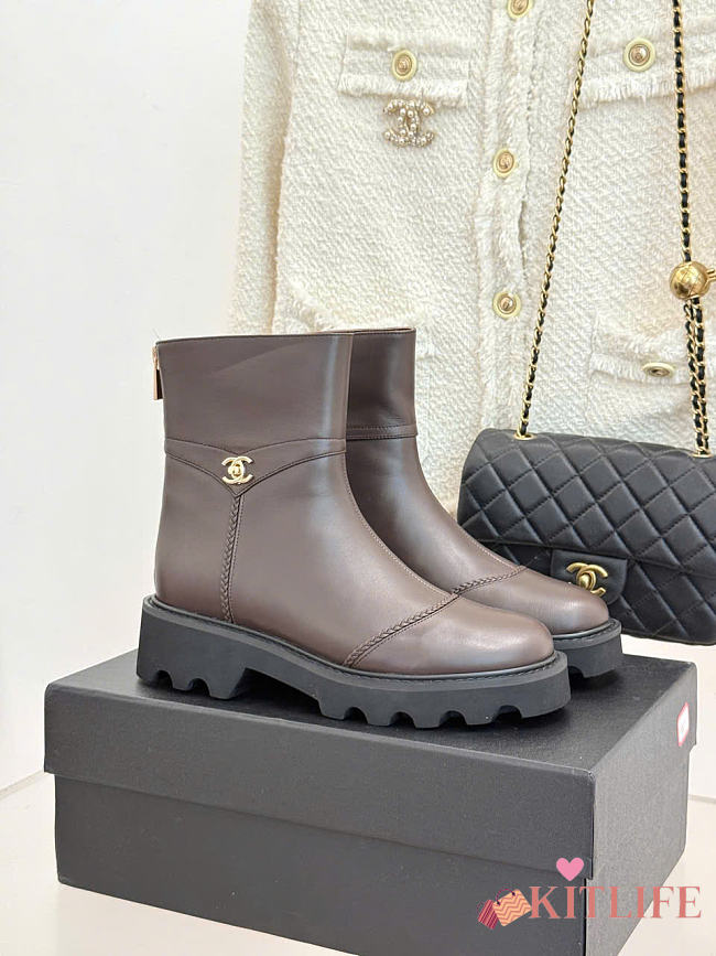 Kitlife Chanel Classic Double-C Rear-Zip Ankle Boots Dark Brown - 1