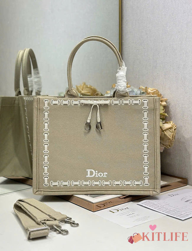 Kitlife Dior Medium Book Tote with Strap Beige Embroidery and White Woven Grosgrain Ribbon 36x27.5x16.5cm - 1
