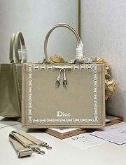 Kitlife Dior Medium Book Tote with Strap Beige Embroidery and White Woven Grosgrain Ribbon 36x27.5x16.5cm - 1