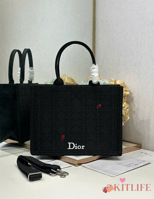 Kitlife Dior Medium Dior Book Tote with Strap Black Cannage Raffia-Effect Embroidery 36 x 27.5 x 16.5 cm  - 1