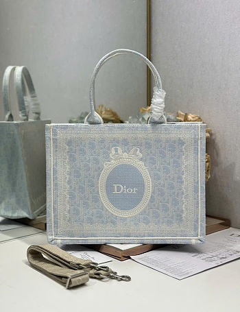 Kitlife Dior Medium Book Tote with Strap Céleste Blue Dior Oblique Washed Embroidery and Ecru Dior Médaillon 36x27.5x16.5cm