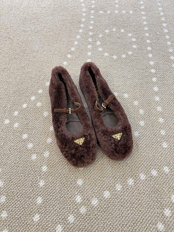 Kitlife Prada Shearling Ballerinas Shoes Dark Brown