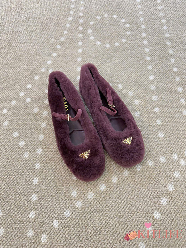 Kitlife Prada Shearling Ballerinas Shoes Dark Burgundy - 1