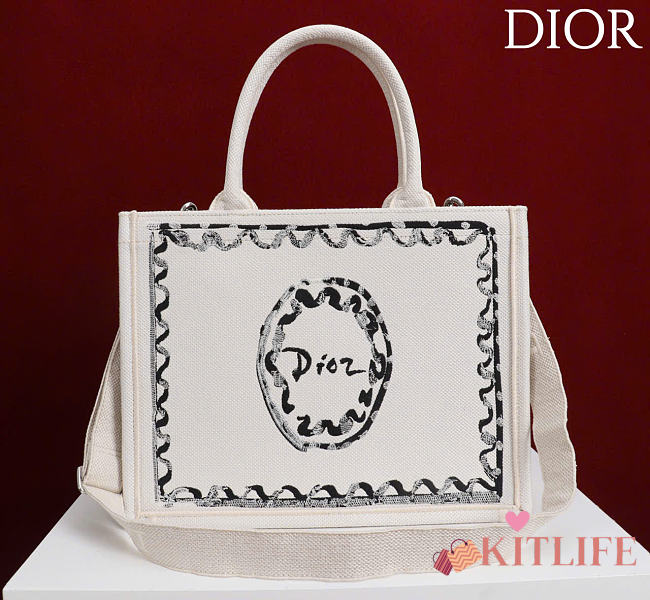 Kitlife Dior Medium Book Tote with Strap White Painted Ribbon Embroidery 36x27.5x16.5cm - 1