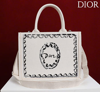 Kitlife Dior Medium Book Tote with Strap White Painted Ribbon Embroidery 36x27.5x16.5cm