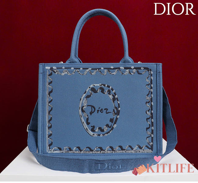 Kitlife Dior Medium Book Tote with Strap Blue Painted Ribbon Embroidery 36x27.5x16.5cm  - 1