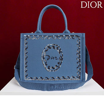 Kitlife Dior Medium Book Tote with Strap Blue Painted Ribbon Embroidery 36x27.5x16.5cm 